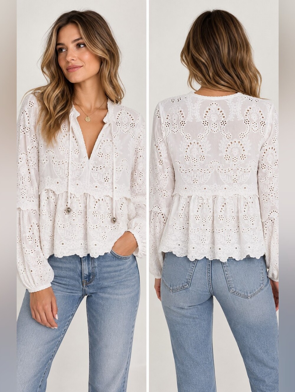 The Kooples White Eyelet Embroidered Peplum Blouse Size 3 L Boho Lace